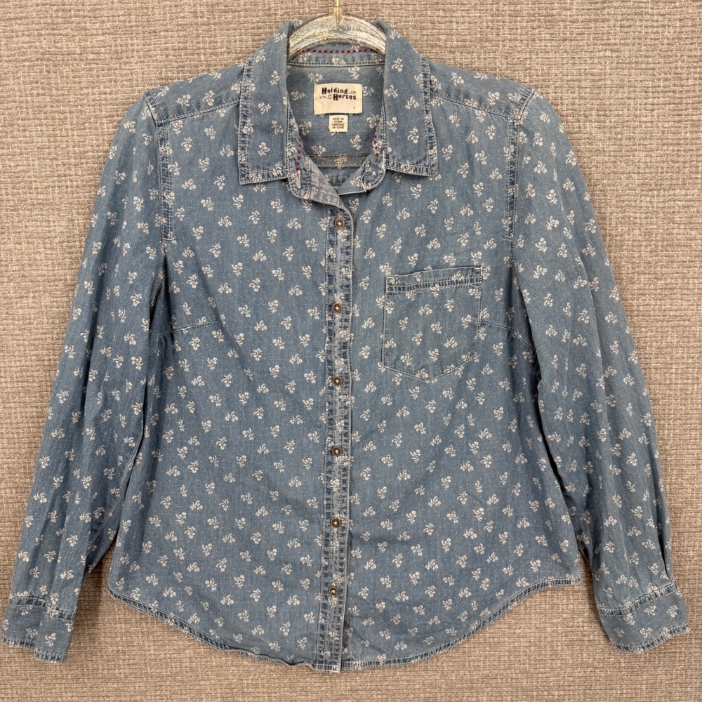 Holding Horses Denim Floral‎ Shirt Womens Sz 6 Blue Cotton Cottagecore Country